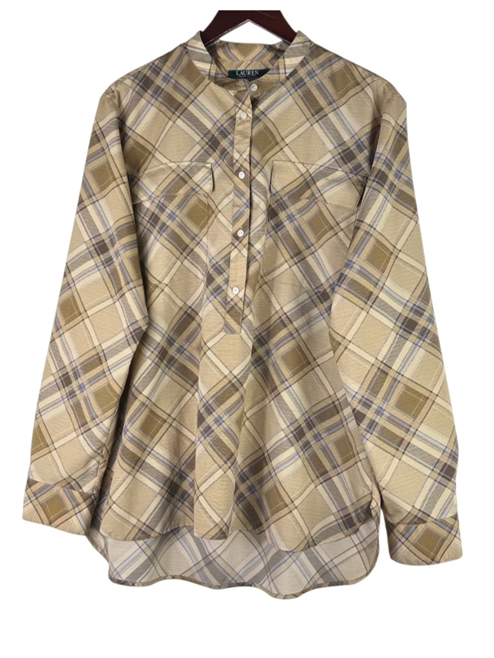 Ralph Lauren Shirt Top Tunic Blouse Sz XL 14 16 Tartan Plaid Tan Brown Silky - Picture 2 of 6